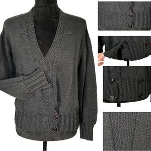 Berek Black Sweater Dark Academia Textured V-Neck Slouchy Handmade Cable Knit Sm
